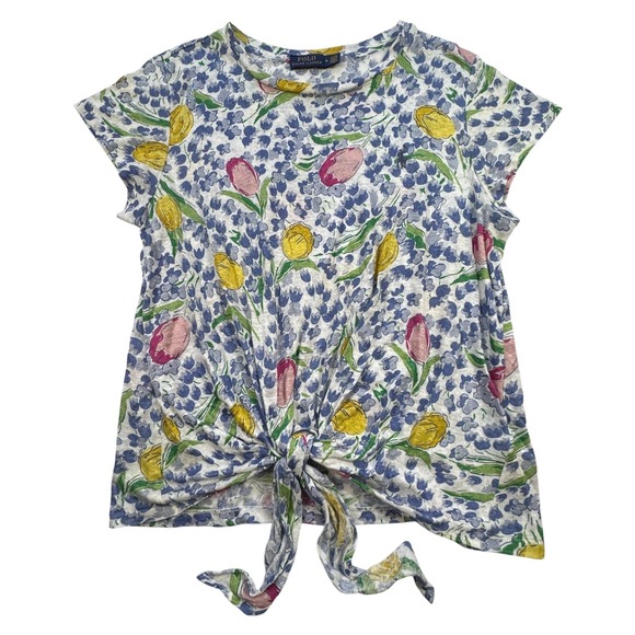 Polo Ralph Lauren Tops - Polo Ralph Lauren Floral Linen Knit Tie Front Top Womens Medium Blue Tulip‎ Tee